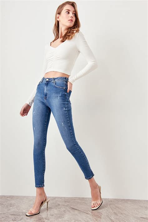 Trendyol Blue High Waist Skinny Jeans Corroding Should Twoss19lr0171 In