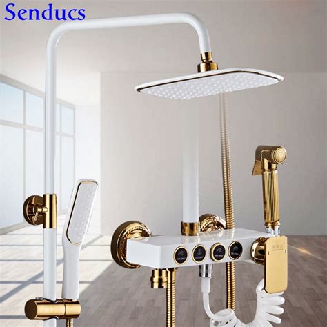 Senducs White Gold Shower Set For Fashion Bathroom Thermostatic Shower