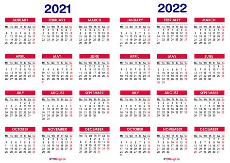 2021 2022 Two Year Calendar With Holidays Printable Free Nycdesign