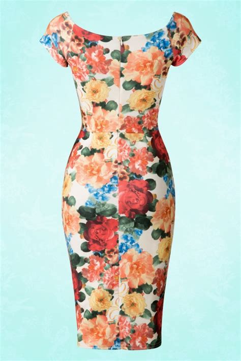 50s Loretta Floral Pencil Dress In Cream