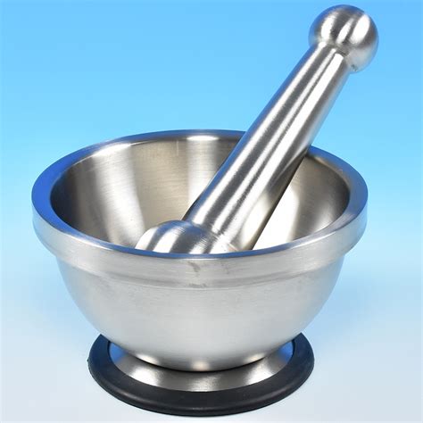 Mortar and pestle.the use, from the earliest times, of the mortar and pestle for crushing the grains of the cultivated cereals, for the preparation of spices, and probably, as at the present day, for pounding meat and vegetables (see the comm. MORTAR & PESTLE STAINLESS STEEL-MASTRAD-A28050