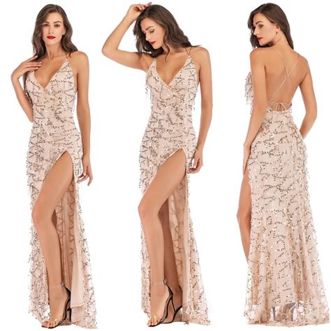 Sexy Women Deep V Neck Maxi Sequin Halter Backless High Split Dress Cocktail Prom Gown Dress