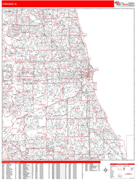 Chicago Illinois Zip Code Wall Map Red Line Style By Marketmaps