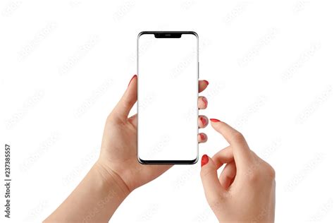 Female Hand Holding Modern Black Phone In Vertical Position With Empty