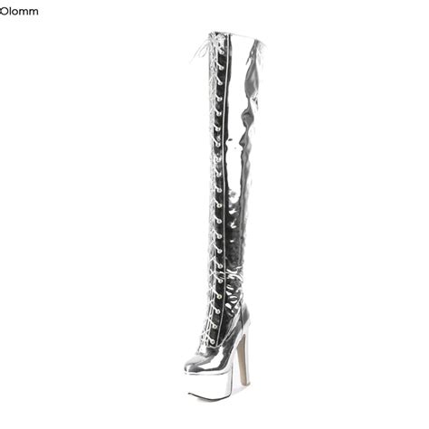 olomm women platform thigh high boots sexy thin high heels boots round toe gorgeous silver night