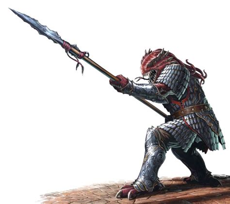 Male Red Half Dragon Fighter In Armor With Spear Pathfinder Pfrpg Dnd