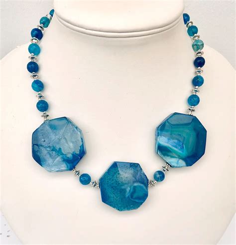 Blue Agate Beaded Necklace Blue Gemstone Necklace Blue Chunky