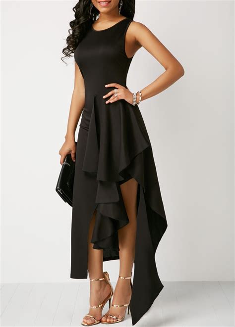 Sleeveless Round Neck Black Asymmetric Hem Maxi Dress Maxi Dress Sale Maxi Dress Tight Dresses