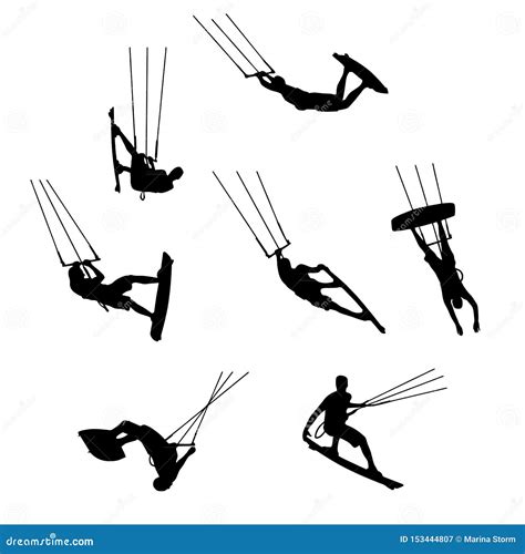 Set Of Silhouettes Of Kitesurfers Kiteboarding Watersports Stock