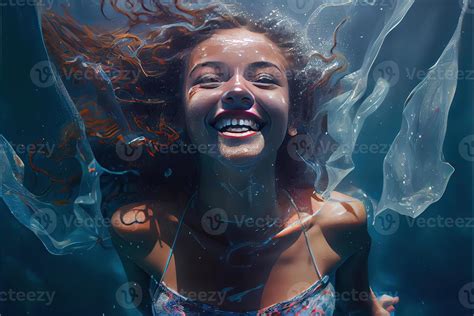 Generative Ai Illustration Of Girl Swims In Swimming Pool Underwater