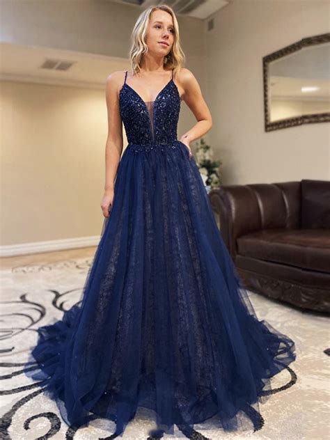 Gorgeous Deep V Neck Sequins Backless Navy Blue Lace Long Prom Dresses 2020 Backless Navy Blue