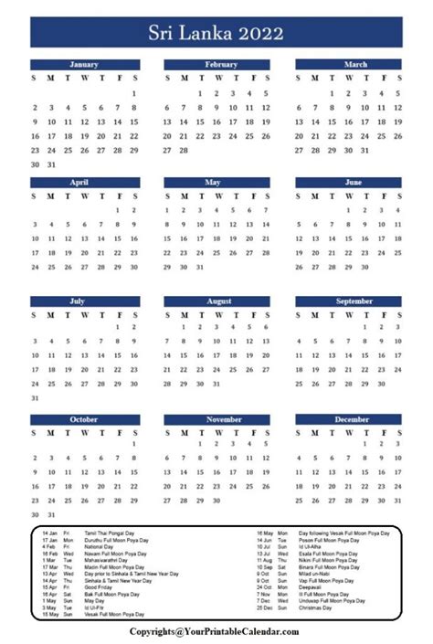 Printable Free Sri Lanka 2022 Calendar With Holidays Pdf