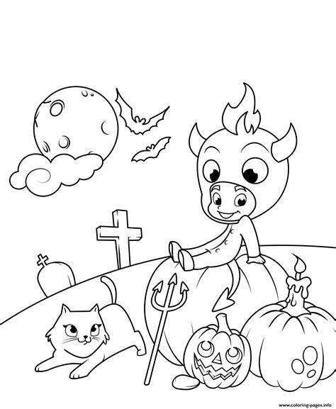 Download free halloween coloring pages from hallmark! Cute Little Devil With A Cat And Pumpkins Halloween ...