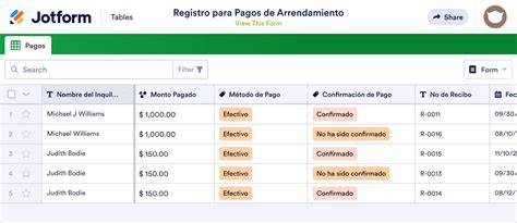Plantilla Para Registrar Pago De Arrendamiento Plantilla Jotform Tables