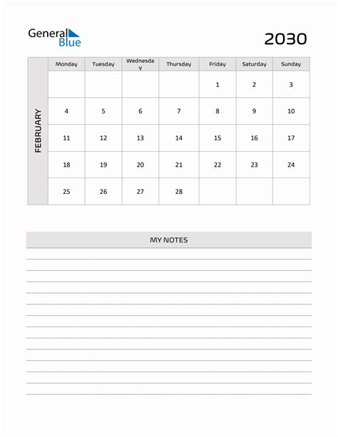 February 2030 Printable Monthly Calendar With Notes