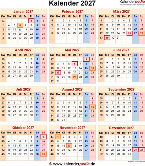 Översiktlig årskalender för 2021, datumen visas per månad inklusive veckonummer. Kalender 2027 mit Feiertagen und Kalenderwochen