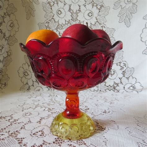 L E Smith Pedestal Bowl Open Compote Ruby Red Amberina Moon And Star Ebay