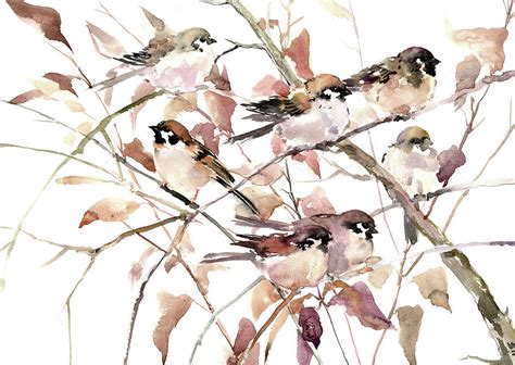 Sparrows On Fall Tree Painting By Suren Nersisyan Pixels