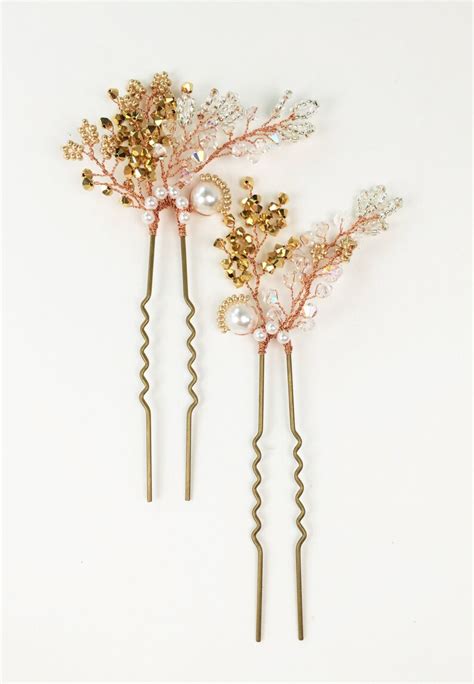 Bridal Rose Gold Hair Pins Set Of 2 Bridal Headpiece Gold Etsy