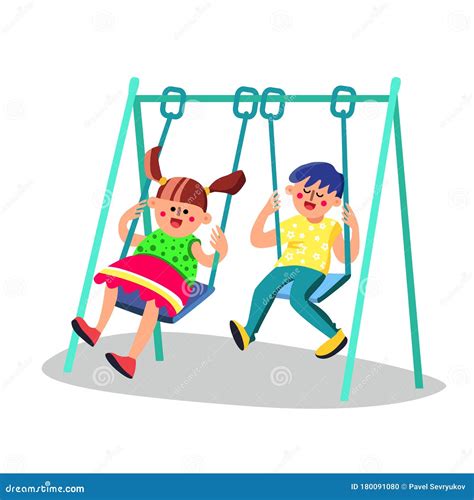 Cute Kids Having Fun On Swing In Playground Vector Stock Vector