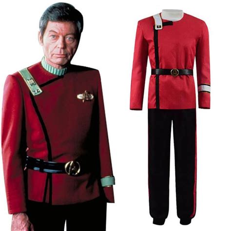 the star trek cosplay costume is shown in red and black with an image of spock