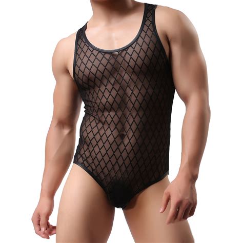 Men Mesh Sheer Leotard Bodysuit Underwear Fitness Gym Singlet