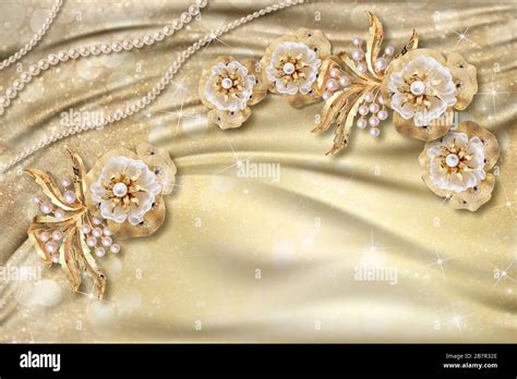 3d Wallpaper Jewelry Flowers And White Pearls On Silk Background Stock