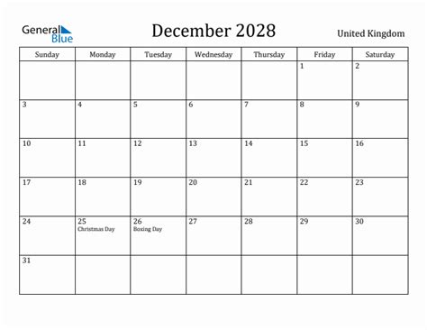 December 2028 Calendar With United Kingdom Holidays
