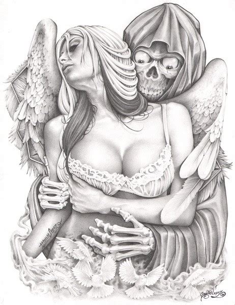 Amusing Grey Death Embracing Sexy Angel Girl Tattoo Design