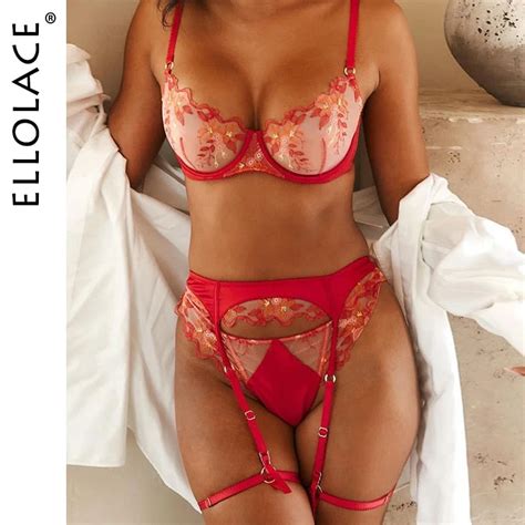 Ellolace Sexy Lingerie Floral Embroidery Underwire Bra Garters Brief Sets Sensual Exotic