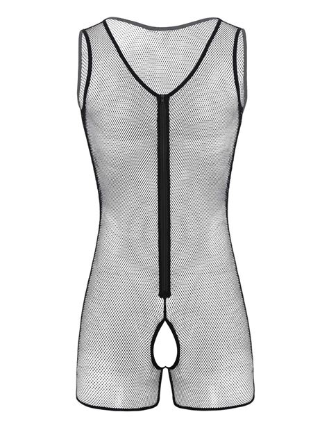 Men S See Through Sheer Fishnet Front Zipper Bodysuit Tank Wrestling