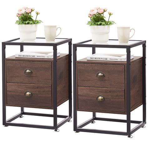 Vecelo Set Of 2 Glass Top Nightstand With 2 Drawer Modern Side End