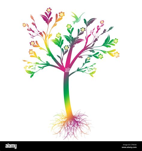 Colorful Art Tree With Roots Isolated On White Background Stock Photo