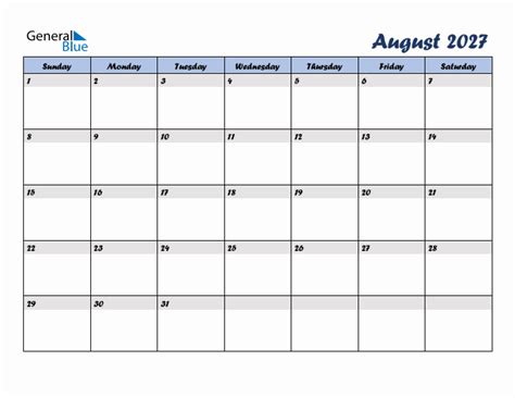 Free August 2027 Monthly Editable Calendar Starting On Sunday