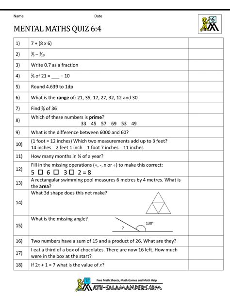The idea is that there is. Mental Maths Tests Year 6 Worksheets