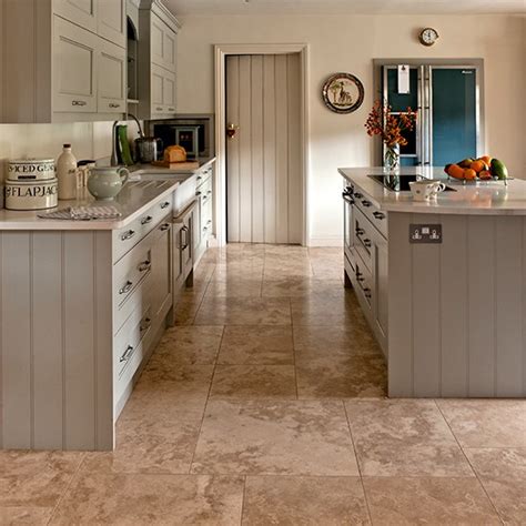 Neutral Kitchen With Travertine Floor Tiles Kitchen