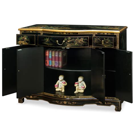 black lacquer chinoiserie scenery oriental console cabinet