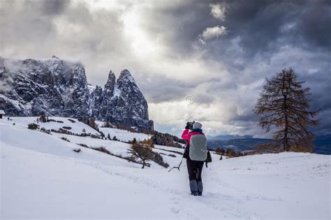 Snowy Early Winter Landscape In Alpe Di Siusi Dolomites Italy