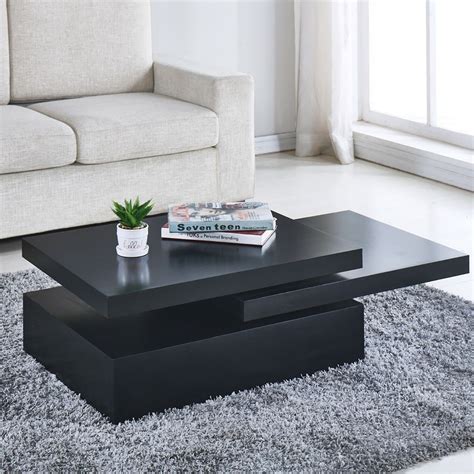 Black Square Coffee Table Rotating Contemporary Modern Living Room