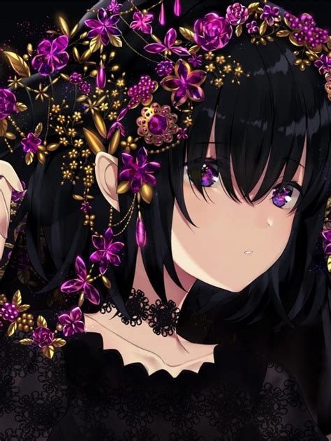 Download 600x800 Anime Girl Black Hair Choker Purple Eyes Wallpapers