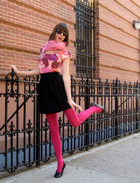 Bright Pink Tights With Black Skirt And Salmon Top Cute Dress Outfits