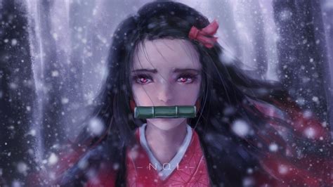 Demon Slayer Red Eyes Nezuko Kamado Wearing Red Dress With Shallow