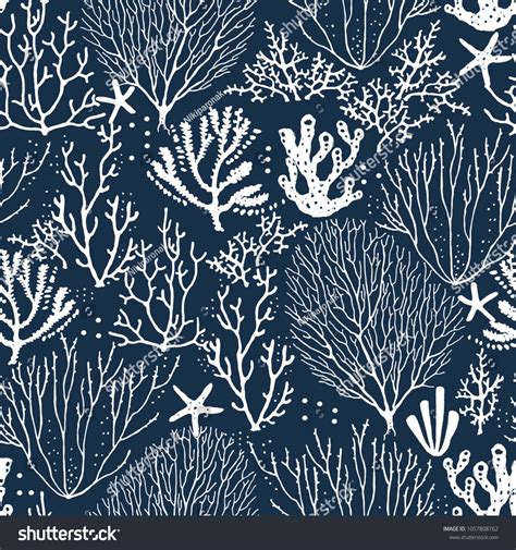 An Underwater Scene With Corals And Seaweed On A Dark Blue Background