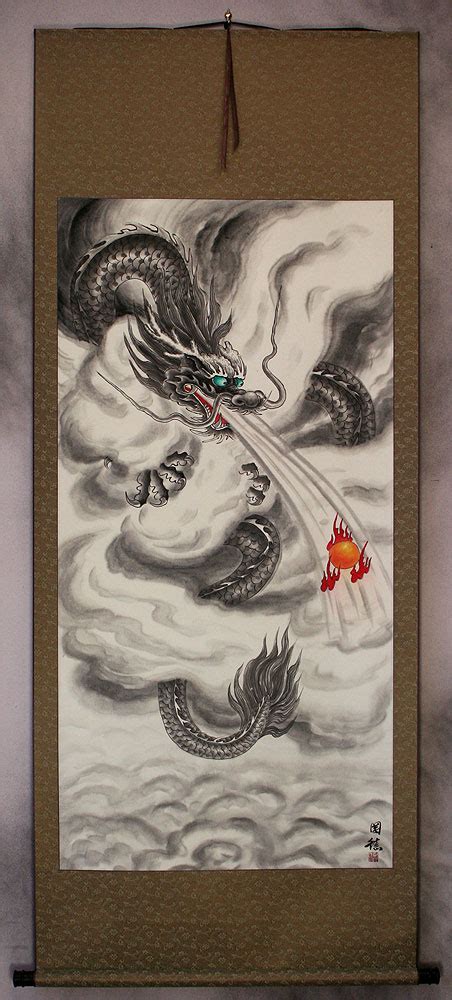 Flying Chinese Dragon Lightning Pearl Asian Wall Scroll