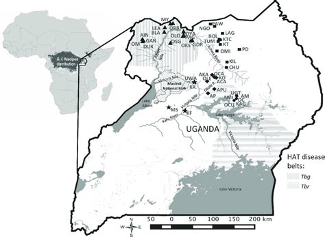 Map Of Uganda Showing Sampling Area Markers Indicate Sampling Sites