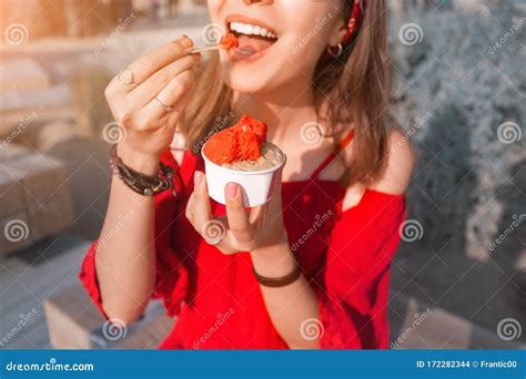 Woman Eating Ice Cream At The Beach Stock Image Image Of Lady Body My