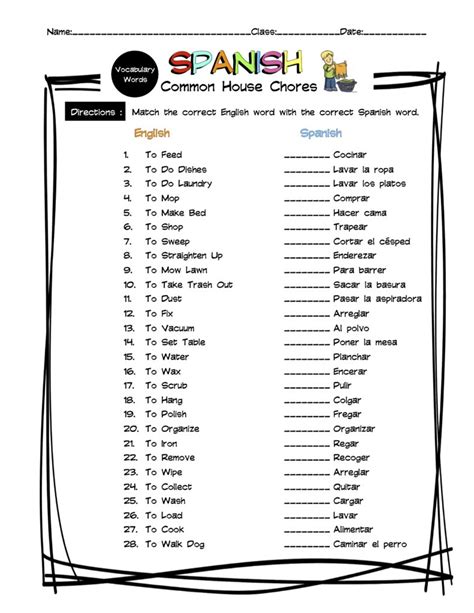 Spanish House Chores Vocabulary Matching Worksheet And Answer Key Made By Teachers