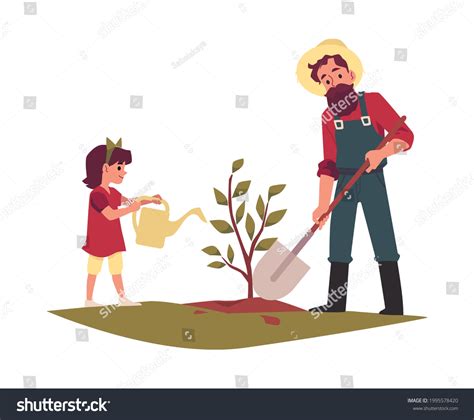 Father Daughter Farmers Planting Tree Together Stock Vector Royalty