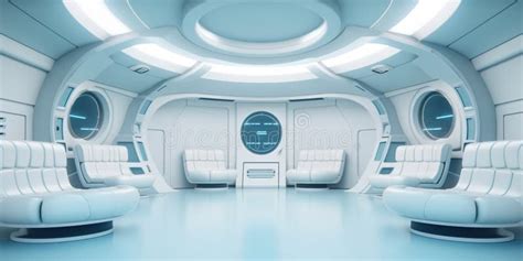 A Futuristic Light Space Station Room With Two Couches Generative Ai