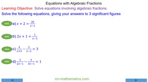 Quadratic Equations With Algebraic Fractions Mr
